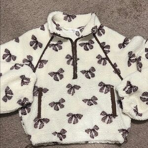 TALULAH Cream Sherpa Half-Zip Pullover with Brown Bow Print